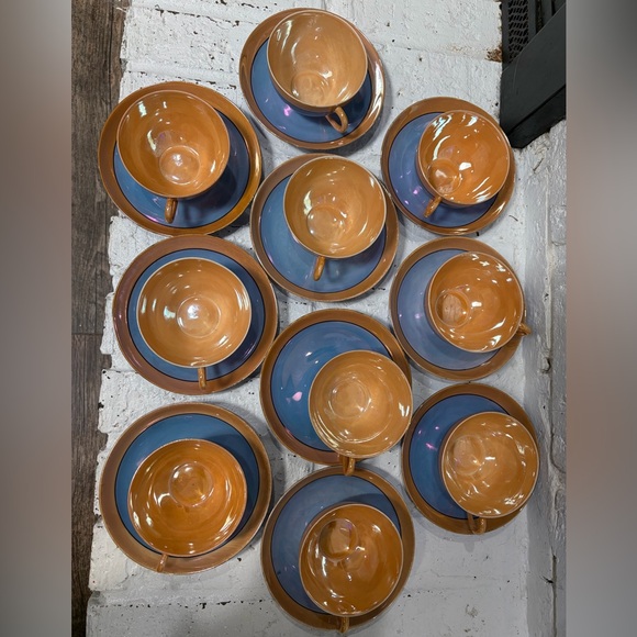 10 Vintage Meito China Hand painted Iridescent blue porcelain tea cups w/Saucers - Picture 3 of 11